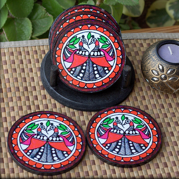 Decoupage MDF Madhubani Peacock Coasters | Set of 6