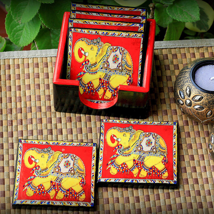 Decoupage Pine Wood Kalamkari Elephant Coasters | Set of 6