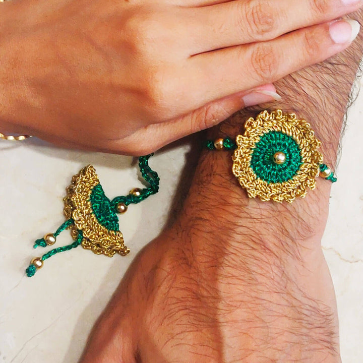 Emerald Green Bhaiya Bhabhi Lumba Rakhi Set - Worn on male and female wrists