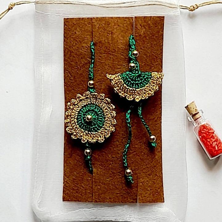 Emerald Green Bhaiya Bhabhi Lumba Rakhi Set - Flat with backing display