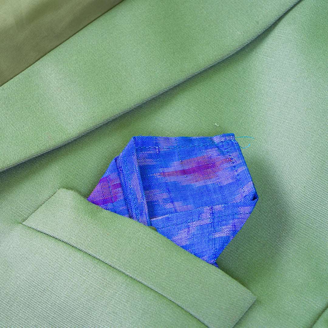 Raw Silk Pocket Squares in Blue Ikat & Solid Magenta - Set of 2