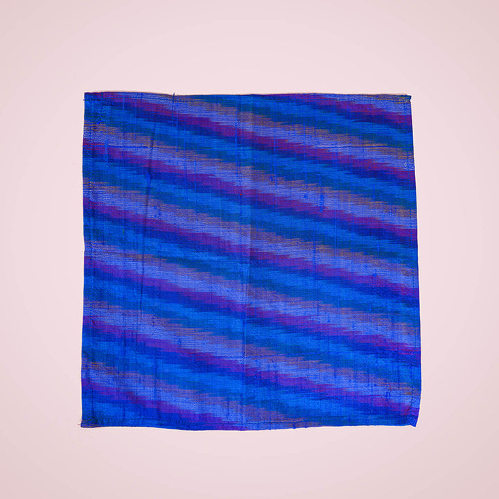 Raw Silk Pocket Squares in Blue Striped Ikat & Solid Magenta - Set of 2