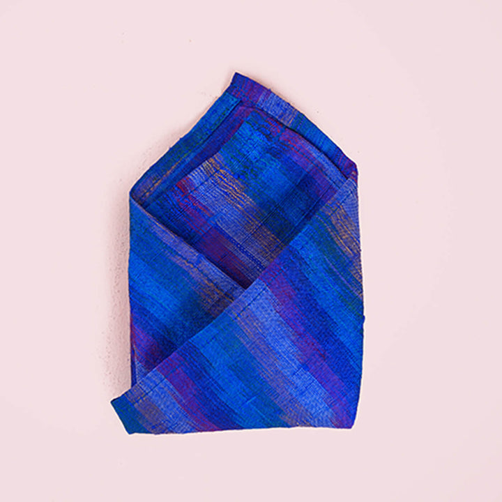 Raw Silk Pocket Squares in Blue Striped Ikat & Solid Magenta - Set of 2
