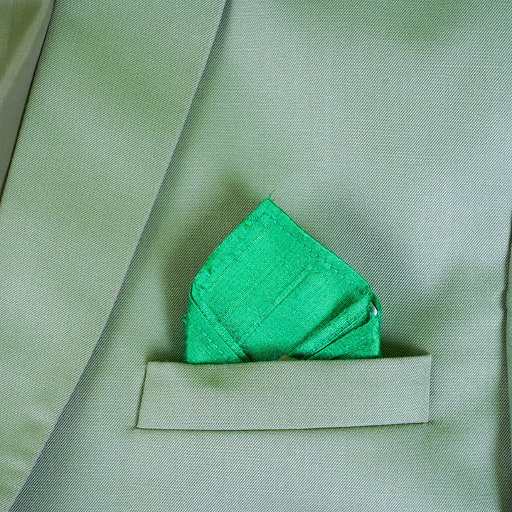 Raw Silk Pocket Squares in Orange Ikat & Solid Green - Set of 2
