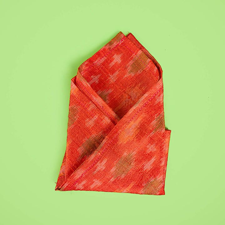 Raw Silk Pocket Squares in Orange Ikat & Solid Green - Set of 2