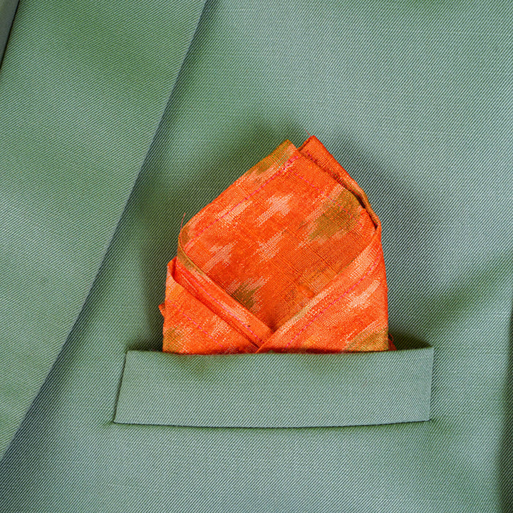 Raw Silk Pocket Squares in Orange Ikat & Solid Green - Set of 2