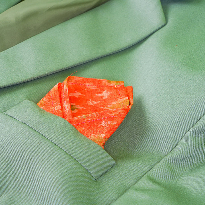 Raw Silk Pocket Squares in Orange Ikat & Solid Green - Set of 2