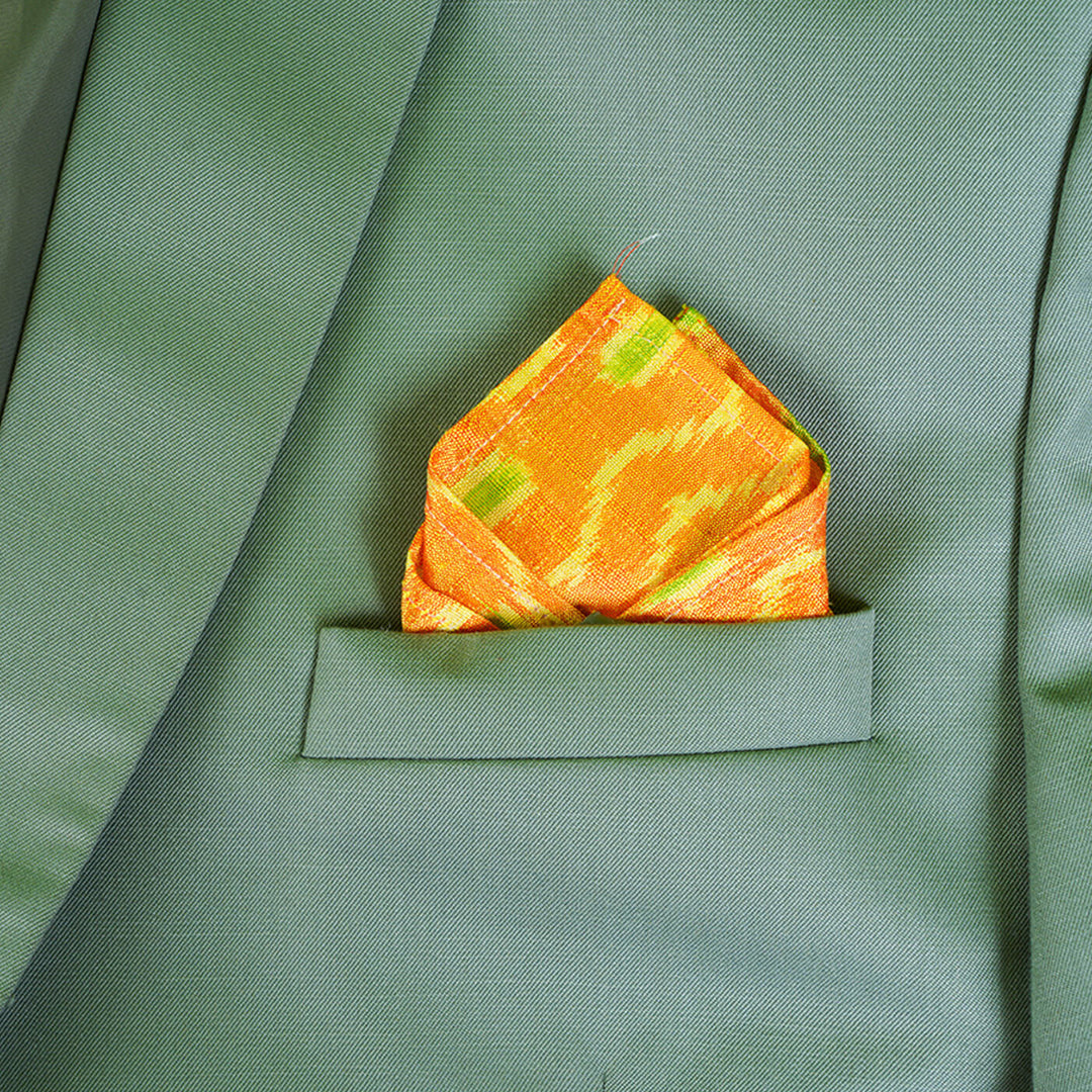 Raw Silk Pocket Squares in Yellow Ikat & Solid Green - Set of 2