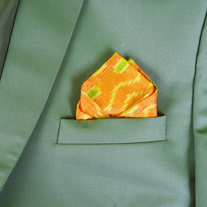 Raw Silk Pocket Squares in Yellow Ikat & Solid Green - Set of 2