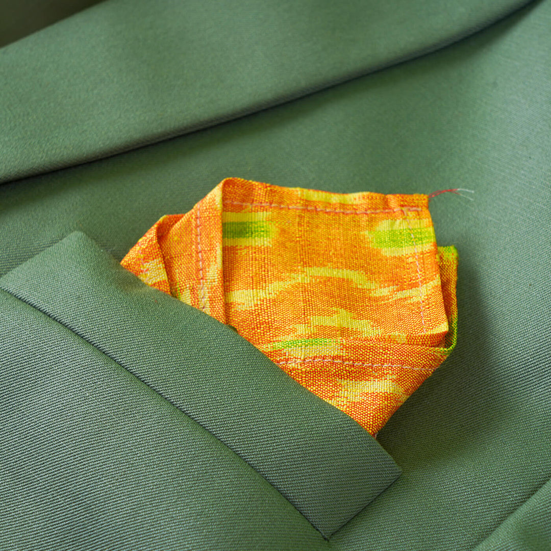 Raw Silk Pocket Squares in Yellow Ikat & Solid Green - Set of 2