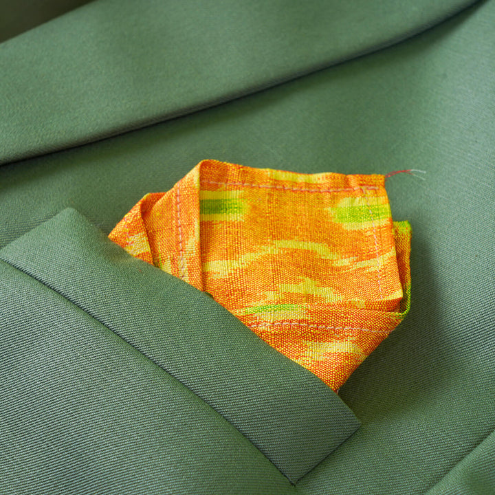 Raw Silk Pocket Squares in Yellow Ikat & Solid Green - Set of 2