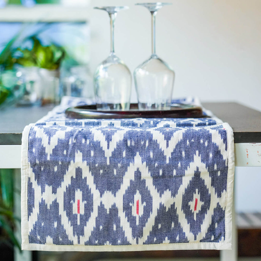 Cotton Table Runner in Blue Ikat