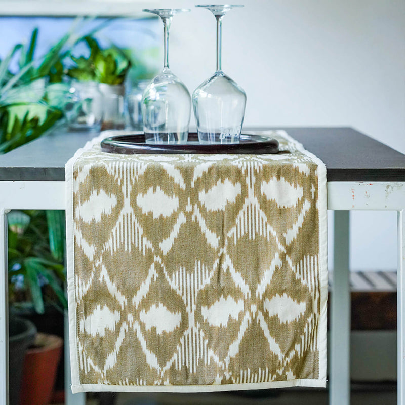 Cotton Table Runner in Brown Ikat