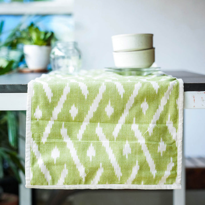 Cotton Table Runner in Green Ikat