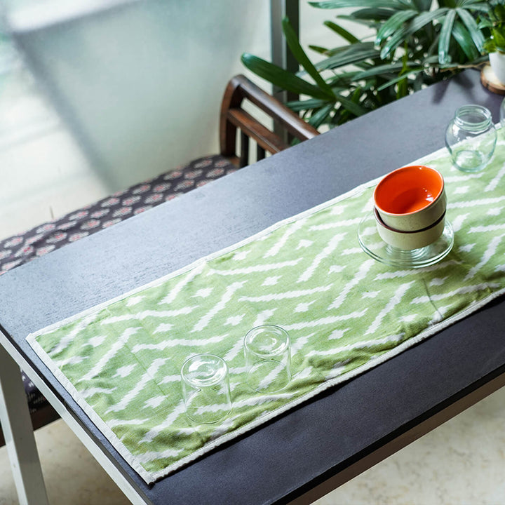 Cotton Table Runner in Green Ikat