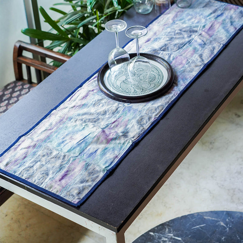 Silk Table Runner in White Ikat