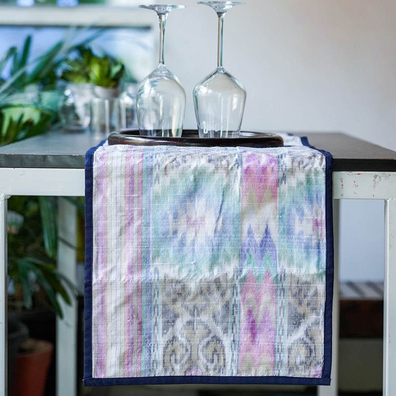 Silk Table Runner in White Ikat