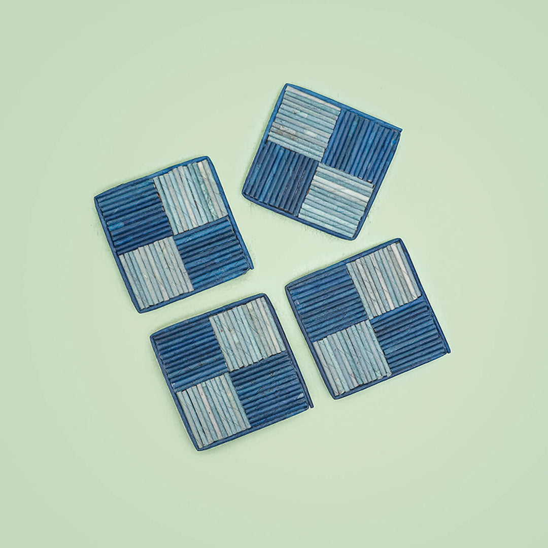 Handmade Upcycled Square Coasters Blue - Set of 4