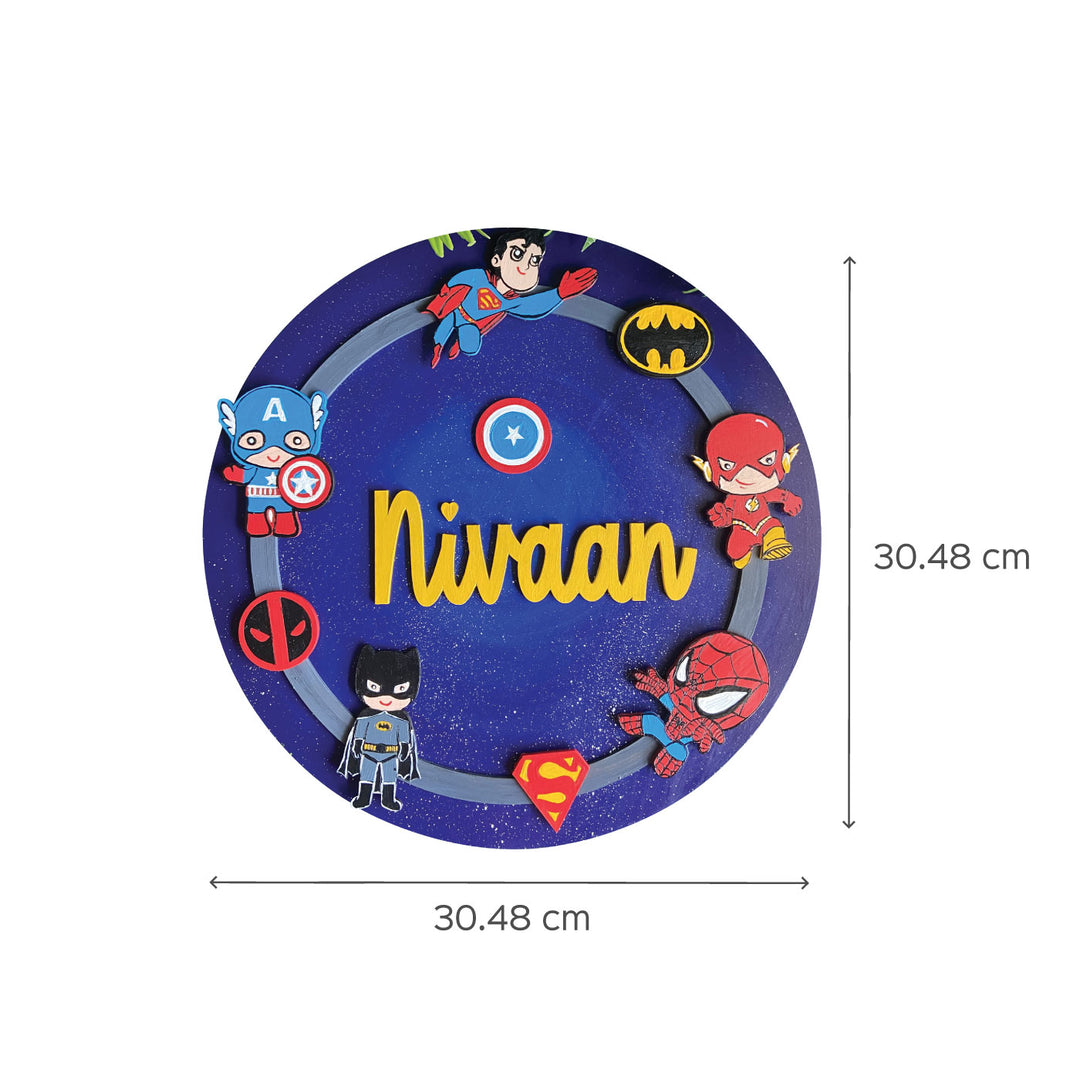 Hand Painted Superhero Theme Personalised Kids Name Plate - Dimension Chart with Personalization