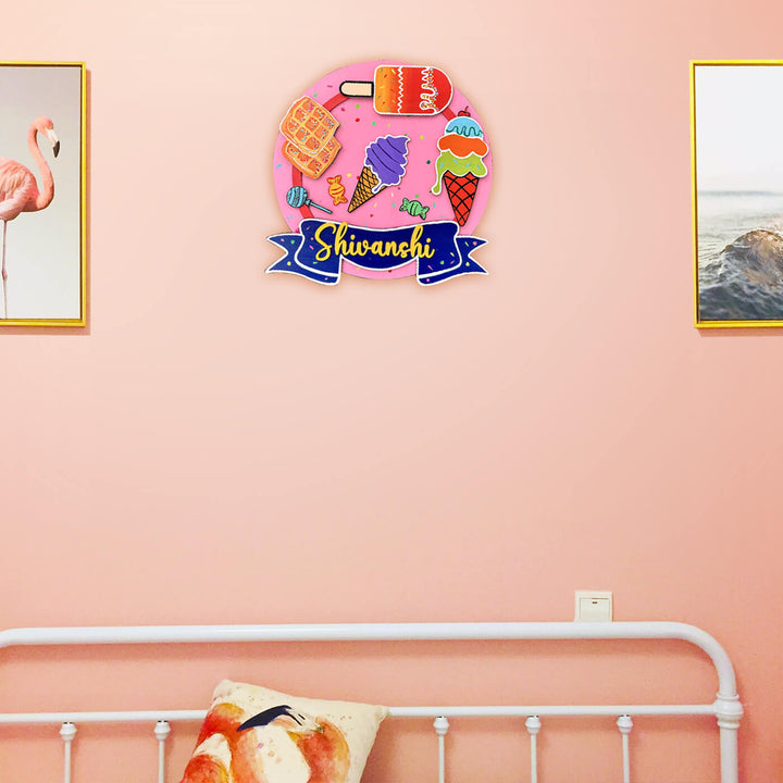 Hand Painted Ice Cream Theme Personalised Girls Name Plate - Mounted on Wall Above Bed
