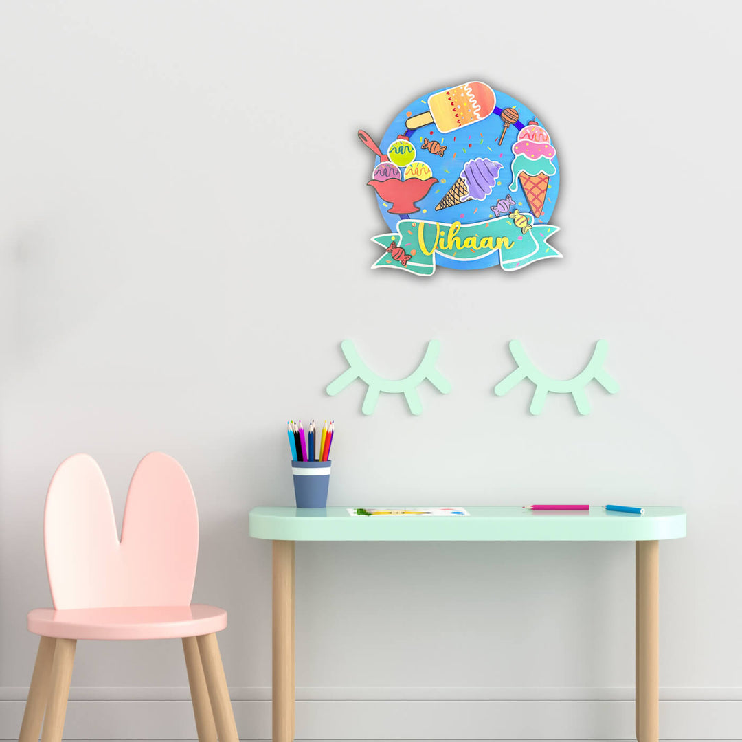Hand Painted Ice Cream Theme Personalised Boys Name Plate - Mounted on Wall Above Desk Setup