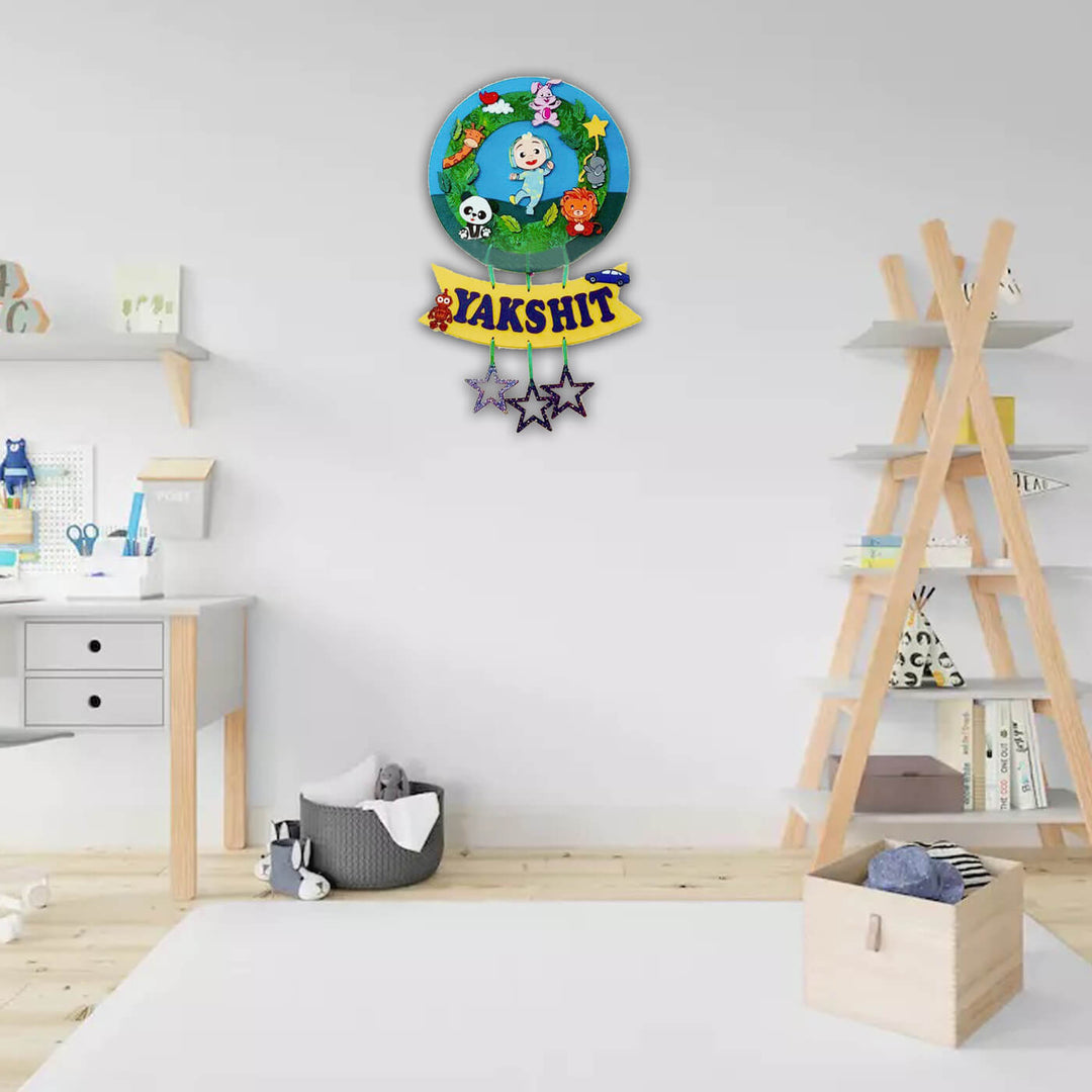 Hand Painted Kids Name Plate With Customised Photo Frames - Mounted on Wall in Room Setting