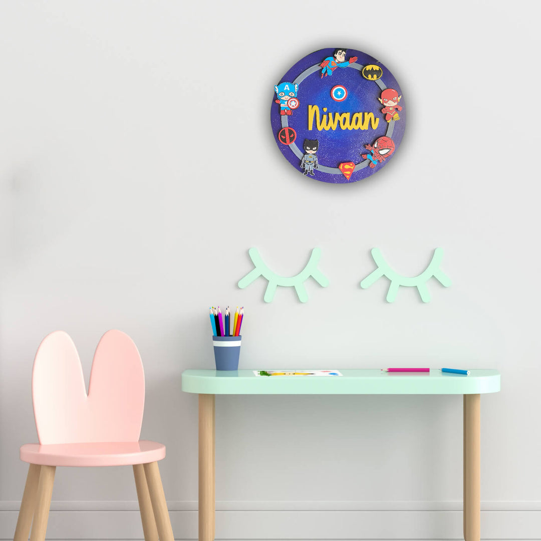 Hand Painted Superhero Theme Personalised Kids Name Plate - Name Personalization Example Mounted on Wall