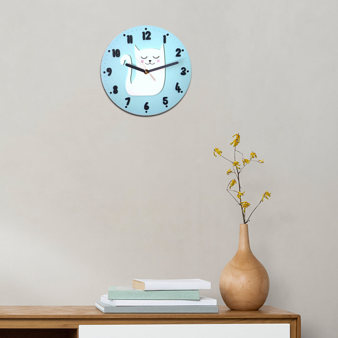 Cute White Cat Themed Wall Clock for Kids