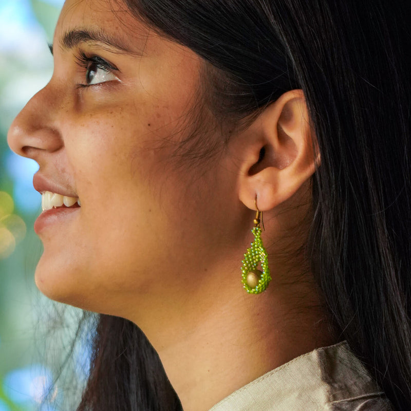 Green Tear-Drop Shaped Bead Earrings
