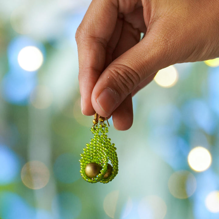 Green Tear-Drop Shaped Bead Earrings