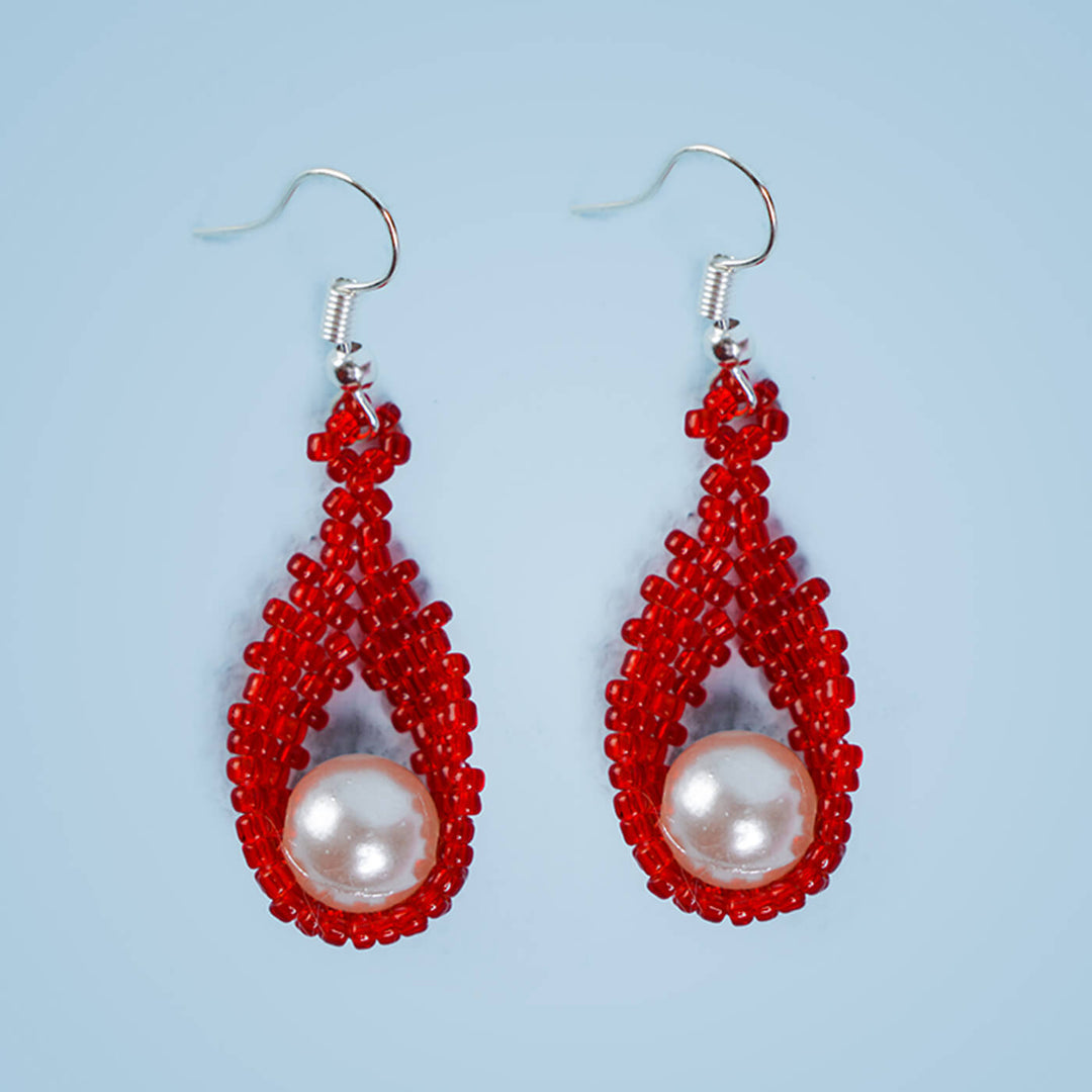 Red and White Tear-Drop Shaped Bead Earrings