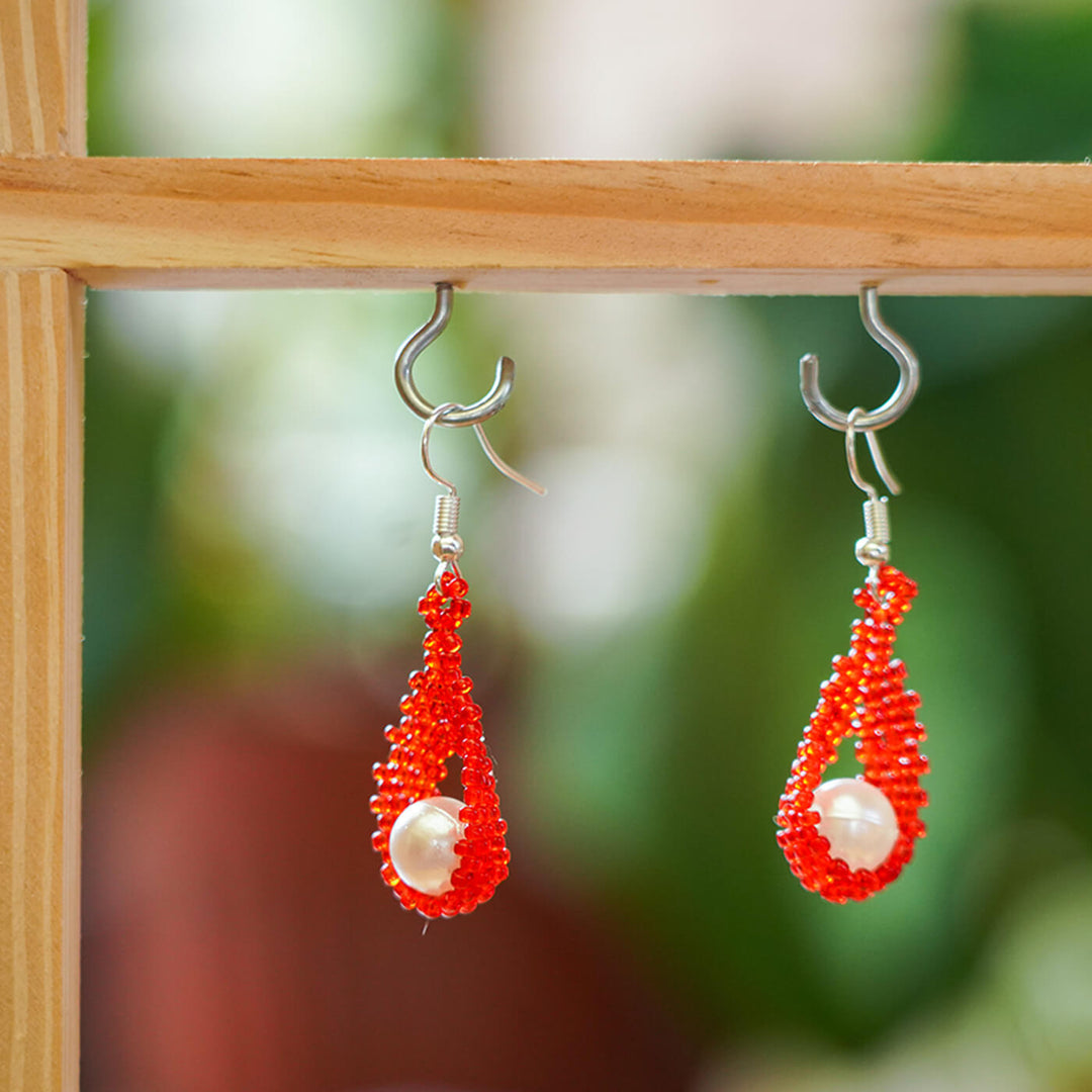 Red and White Tear-Drop Shaped Bead Earrings