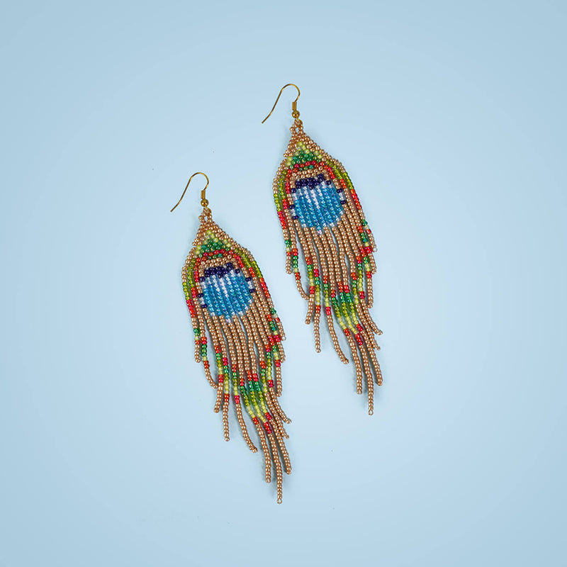 Multi-coloured Peacock Feather-Inspired Bead Earrings