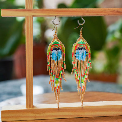Multi-coloured Peacock Feather-Inspired Bead Earrings