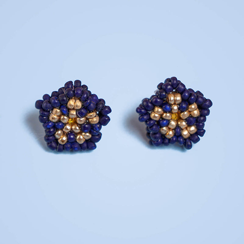 Navy Blue and Golden Five Petal Bead Earrings