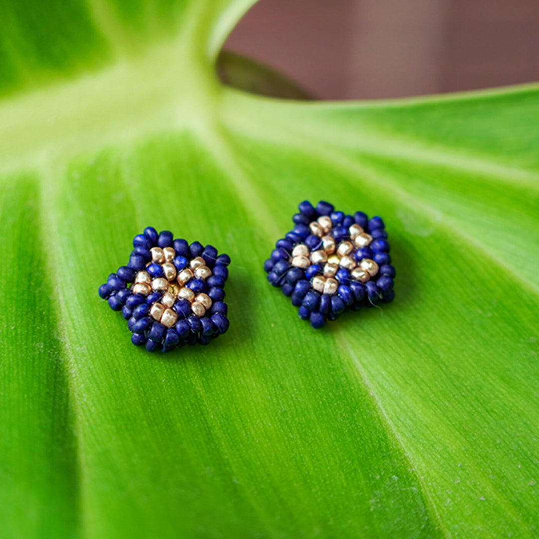 Navy Blue and Golden Five Petal Bead Earrings