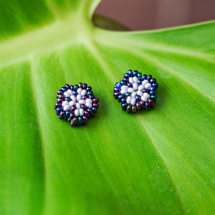 Navy Blue and Off-White Five Petal Bead Earrings