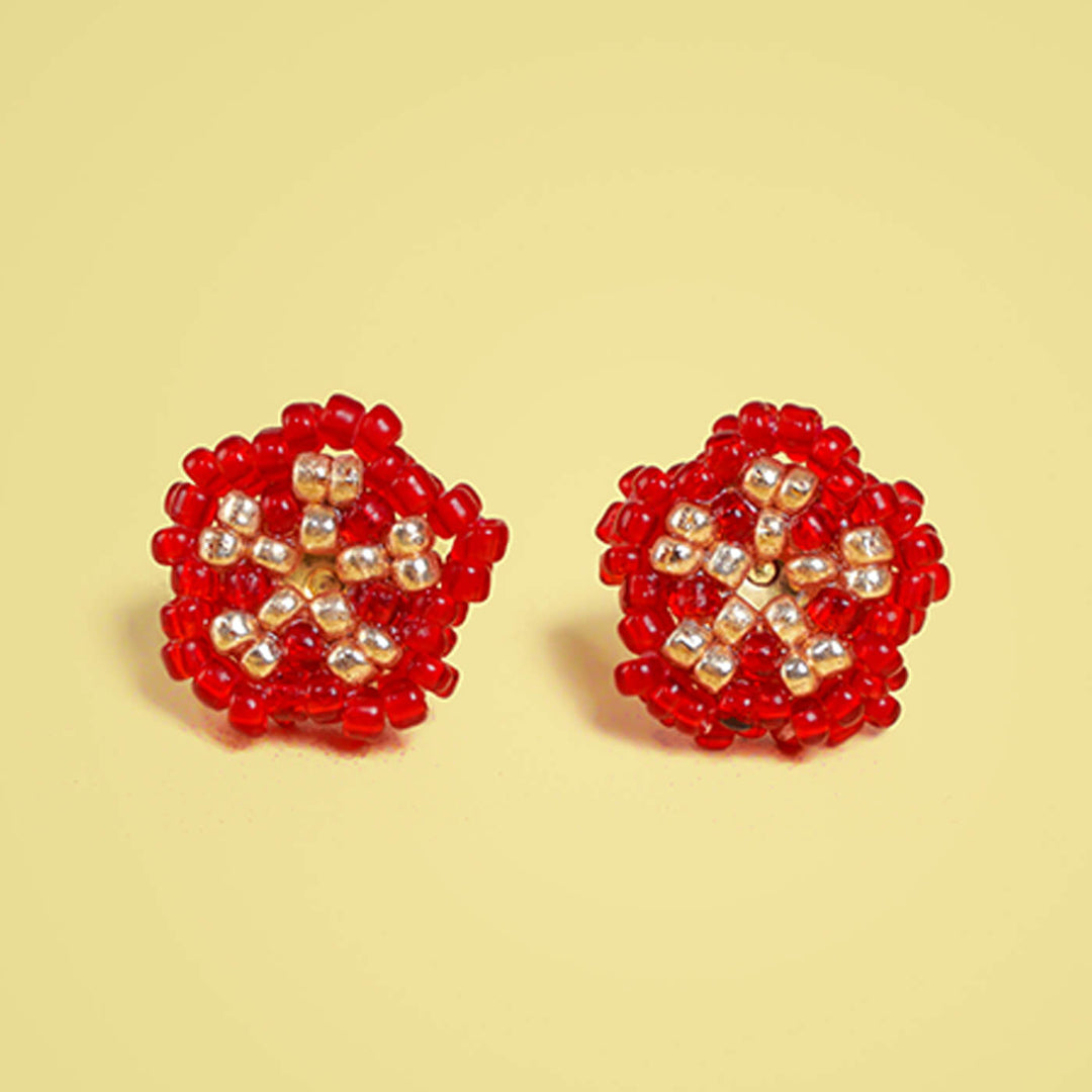 Red and Golden Five Petal Bead Earrings