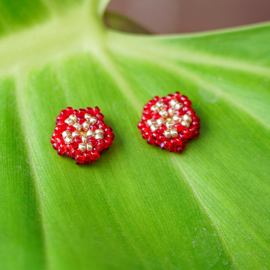 Red and Golden Five Petal Bead Earrings - Zwende