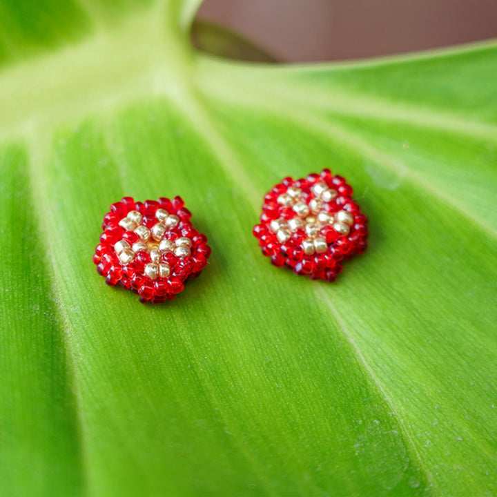 Red and Golden Five Petal Bead Earrings - Zwende