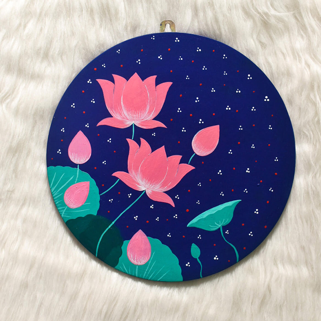 Handpainted Canvas Pichwai Lotus Wall Hanging - Navy Blue