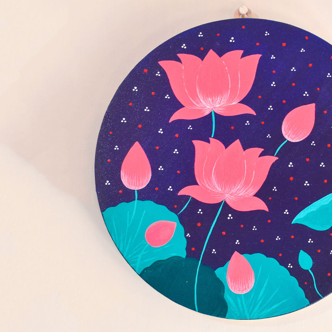 Handpainted Canvas Pichwai Lotus Wall Hanging - Navy Blue