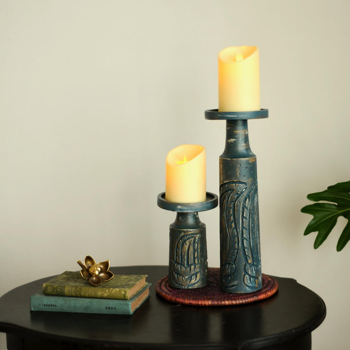 Handcrafted Leafy Teak Wood Candle Holders | Set Of 2