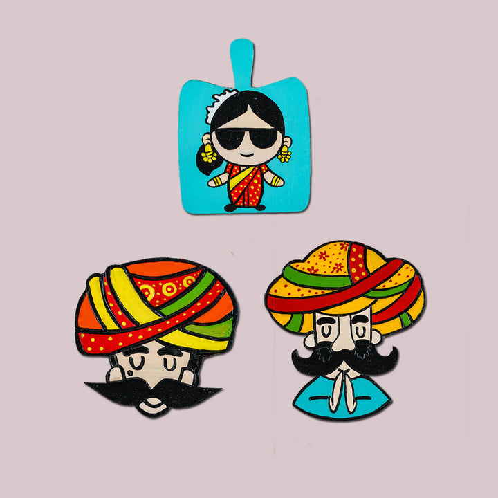 Cool Indian Characters MDF Fridge Magnets - Set of 3 - Zwende