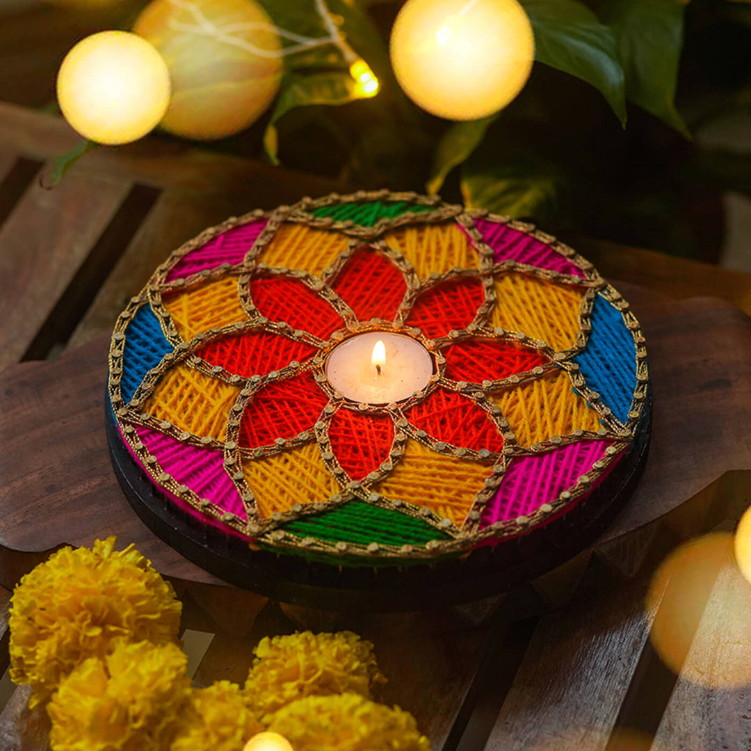 Colorful Floral Round String Art Tealight Holder