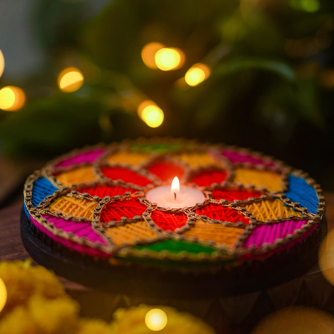 Colorful Floral Round String Art Tealight Holder