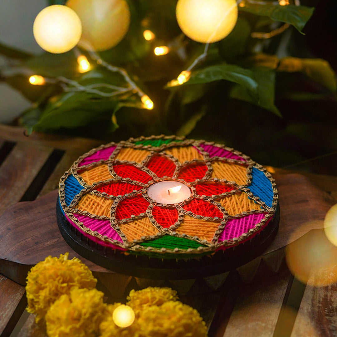 Colorful Floral Round String Art Tealight Holder