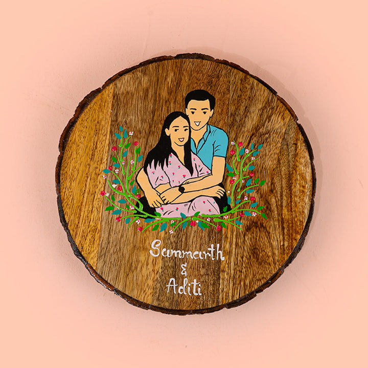 Round Bark Wood Couple Nameplate with Personalised Characters