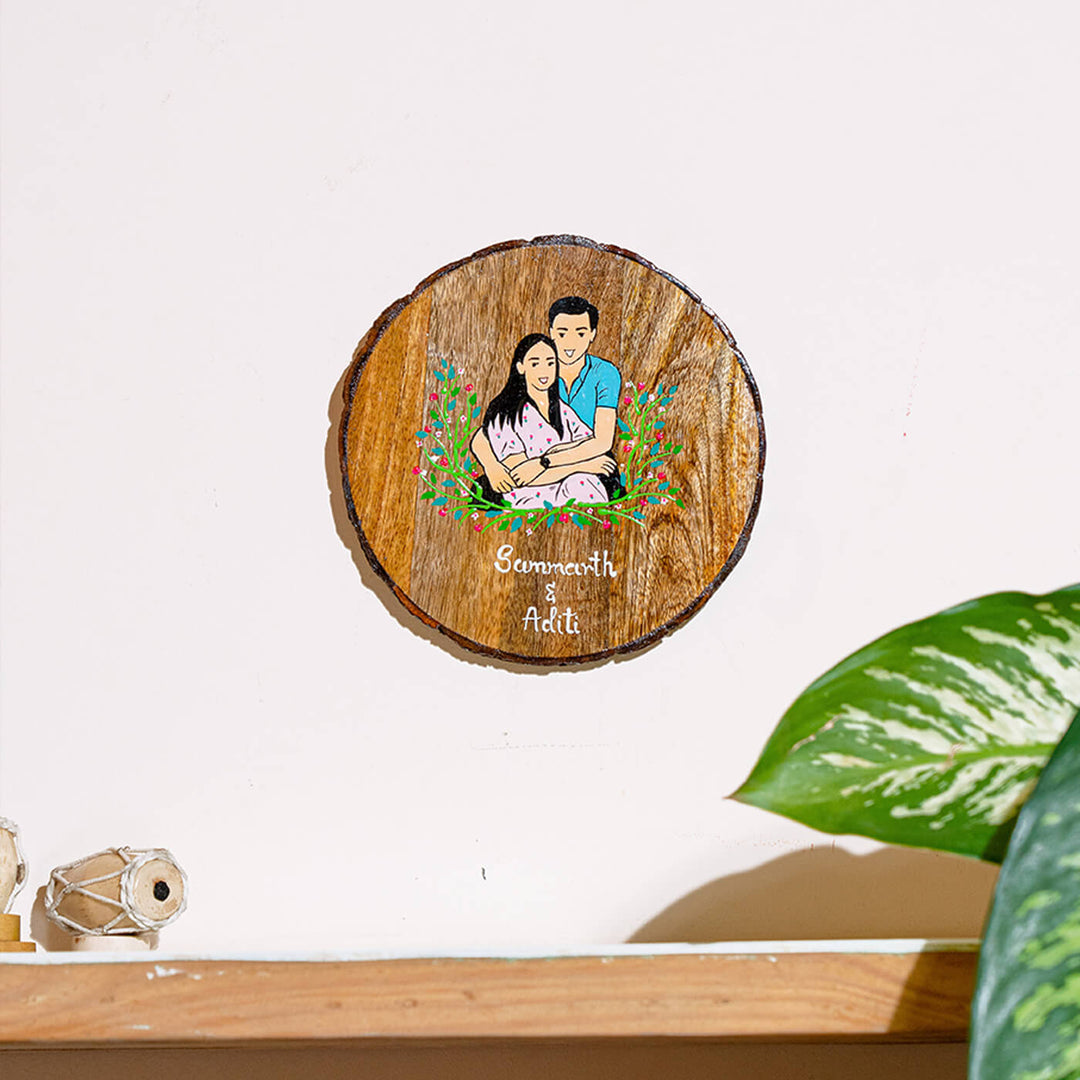 Round Bark Wood Couple Nameplate with Personalised Characters