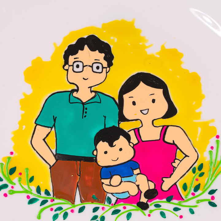 Round Ceramic Family Name Plate - Front View Illustration of Family Portrait